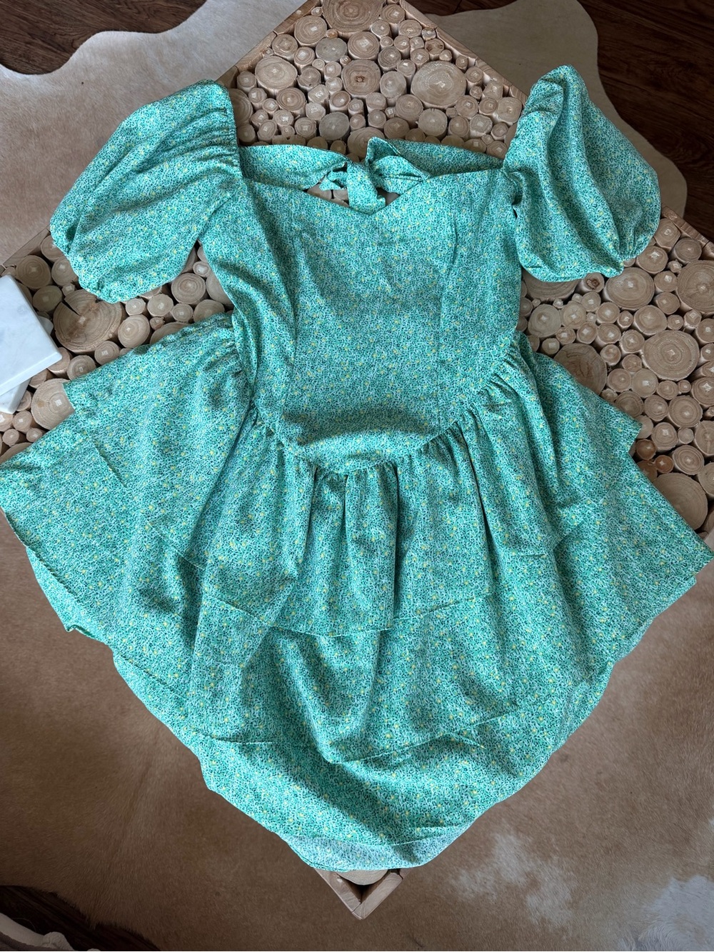PrettyLittleThing Teal Floral Puff-Sleeve Tiered Dress